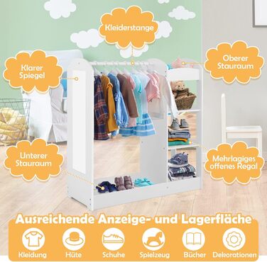 Дитяча шафа для одягу DREAMADE з дзеркалом і вішалкою для одягу, дитяча шафа з 4 відкритими полицями, вішалка для дитячого одягу д