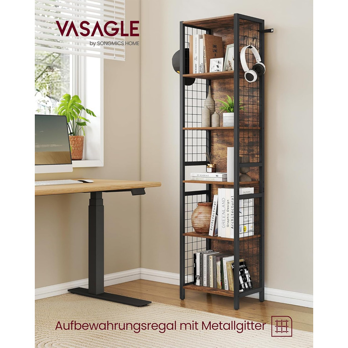 Книжкова полиця VASAGLE, офісна полиця, кухонна полиця, окремостояча полиця з 6 полицями, 4 S-подібними гачками, 30 x 40 x 175,6 см, для офісу, вітальні, кабінету, вінтажний коричнево-чорний колір LLS170K01, 6 рівнів (40Ш см)