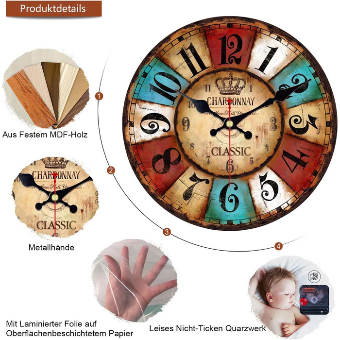 Кварцовий настінний годинник VIKMARI Дерев'яний тихий підвісний годинник, круглий сільський годинник на батарейках, легко читаєтьс