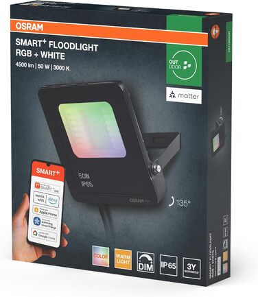 Розумний LED-прожектор Osram SMART Matter, 10W, 800lm, RGBW (16 млн кольорів), 3000K, WiFi, Alexa/Google, IP65