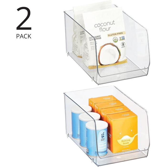 Штабельований контейнер для зберігання продуктів mDesign Кухонний органайзер з відкритим фронтом для холодильника, шафи або морозильної камери Пластиковий контейнер для холодильника Упаковка з 2 шт. Прозорий, 30,7 x 19,6 x 15,9 см