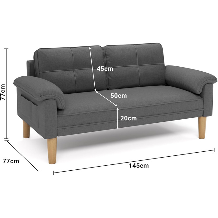 Місний диван Xbro, невеликий 2-місний диван з підлокітником та бічною кишенею, сучасний тканинний диван для вітальні, квартири, офісу, легке складання, 144 x 77 x 77 см, темно-сірий, 2-