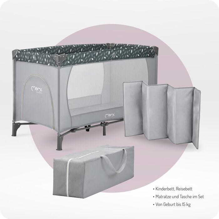 Дитяче ліжечко Momi BELOVE для дітей вагою до 15 кг, Ш65 x Д125 x В78 см (складається 21 x 23 x 80 см), дитяче ліжечко з матрацом, 2 колеса, сумка для транспортування сірого кольору