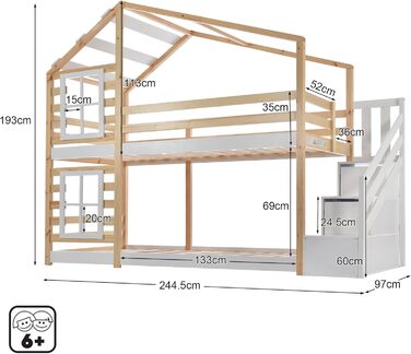 Дитяче двоярусне ліжко LATICO з шухлядою та поручнями, соснове ліжко-будиночок для дітей з драбиною, 2 рейкові основи, натуральний та білий - 244,5 x 96 x 193 см (Ш/В/Г), матрац не входить до комплекту, натуральний колір з шафками