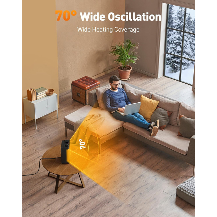 Енергозберігаючий вентилятор-обігрівач, 1500 Вт, 3 режими нагріву, керамічний електричний нагрівальний елемент, коливання 70, захист від перегріву та перекидання, тихий кімнатний обігрівач для використання в офісі, вітальні, спальні
