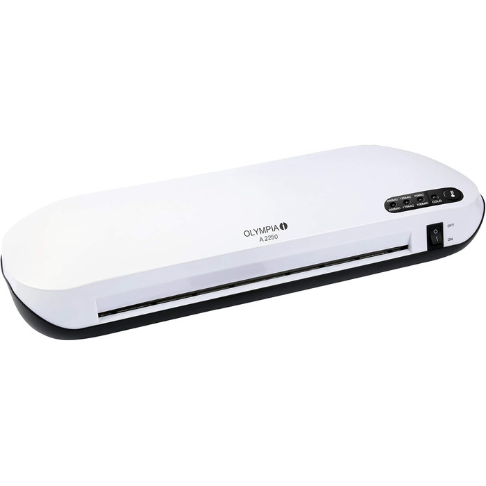 Ламінатор Olympia A 2250 для офісного використання (75-250 мікрон, сучасний дизайн, гаряче та холодне ламінування, професійний ламінатор із зворотним завантаженням, ламінатор для документів та фотографій до DIN A4) білий, одинарний