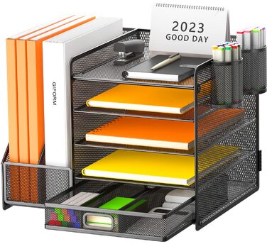 Настільний органайзер з тримачами для файлів, 5-рівневий органайзер для паперів з шухлядою та 2 тримачами для ручок, сітчастий настільний органайзер для файлів з тримачем для журналів для офісу, 5-рівневий настільний органайзер, чорний, з шухлядою та 2 тр