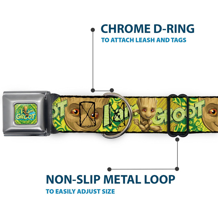 Нашийник для собак Buckle-Down DC-SB-MCJP-WMC185-1.0-S, з застібкою типу безопасний ремінь, дизайн Малюк Грут - Я Грут, коричневий, зелений, жовтий, ширина 22,9 - 38,5 см, багатокольоровий