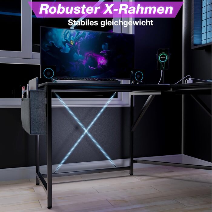 Геймерський стіл Supfine L-подібної форми з кронштейном для монітора, текстура з вуглецевого волокна, кутовий стіл з розетками та USB-портами, відділенням для зберігання речей (чорний)