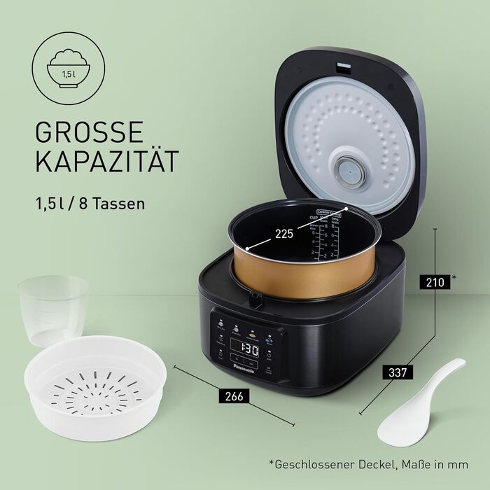 Рисоварка-пароварка Panasonic SR-DA152KXE, 1,5 л (8 чашок), Fuzzy-логіка, індикатор рівня води, BPA-free, режим підігріву, відкладений старт, чорна