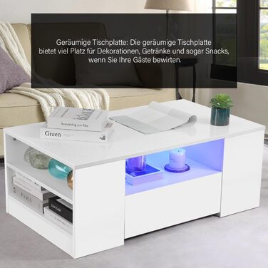 Журнальний столик зі світлодіодним підсвічуванням, сучасний диванний столик, стіл для вітальні з 2 шухлядами, 100x55x37 см, білий