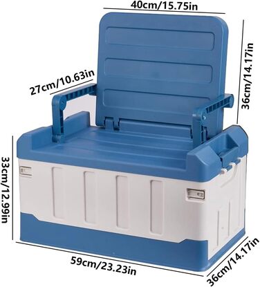 Ящик для рибальських снастей з аксесуарами, рибальське крісло, ящик для снастей, органайзер для зберігання на відкритому повітрі, портативний та складаний - 3-в-1 автомобільний рибальський ящик, велика місткість, двошарові аксесуари, синій та білий
