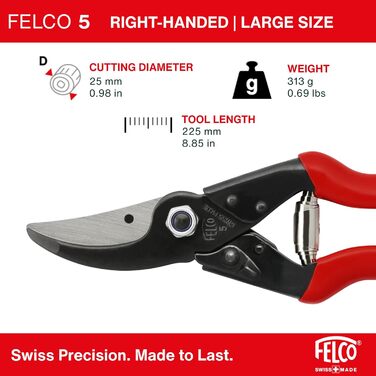 Міцні садові ножиці FELCO 5 для великих правшів, діаметр різання 25 мм, довжина 225 мм, вузька ріжуча головка для важкодоступних місць, сталеві ручки, чисте та потужне різання
