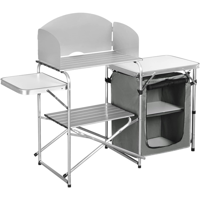 Складана кемпінгова шафа/кемпінгова кухня WOLTU, включаючи сумку для перенесення з алюмінієвою рамою, портативні/складні меблі для кемпінгу на відкритому повітрі з алюмінію та МДФ для пікніків, пляжу, використання на свіжому повітрі, білий сірий