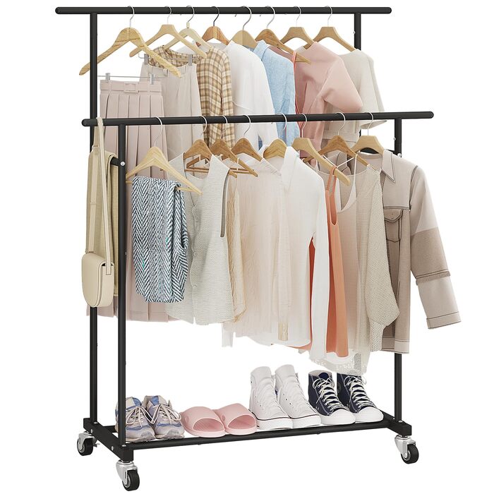 Вішалка для одягу Calmootey з подвійною штангою - на колесах та портативна для спальні, вітальні, магазину одягу - чорна