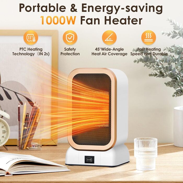 Міні-керамічний вентилятор-обігрівач, портативні електричні обігрівачі, енергозберігаючий вентилятор-обігрівач потужністю 1000 Вт, портативний вентилятор-обігрівач PTC, малий, захист від перегріву та перекидання, для офісу, дому, гуртожитку, білий-009