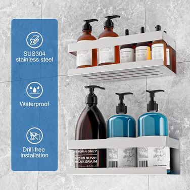 Полиця для душу без свердління, 2 шт., нержавіюча сталь SUS304, органайзер для ванної кімнати, тримач для шампуню та гелю для душу (сріблястий, 2 шт.)
