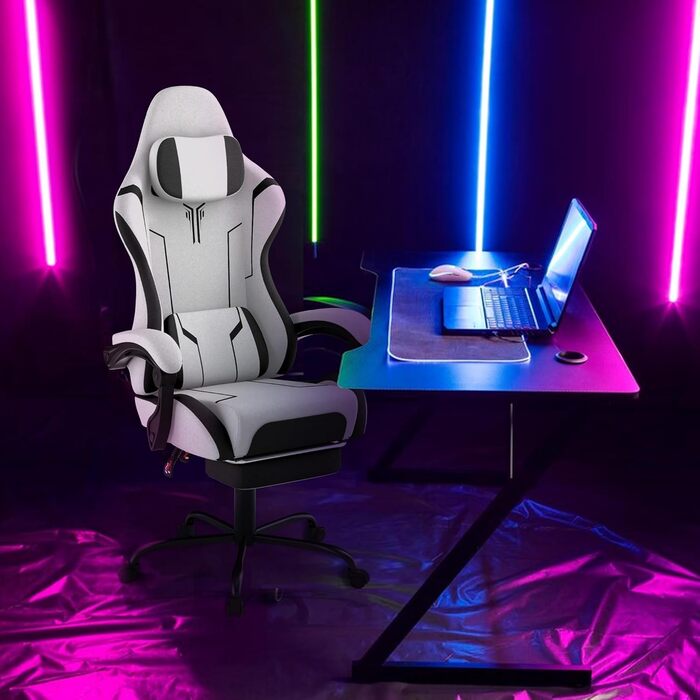 Ігрове крісло YUENFONG, ергономічне ігрове крісло з функцією масажу та підставкою для ніг, ігрове крісло з вбудованими підлокітниками, до 150 кг, для офісу/дому, біле