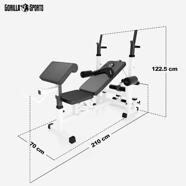 Силова лава GORILLA SPORTS - вкл. комплект штанг 100 кг, місце для зберігання, станція для віджимань, накладка для згинання рук, згинання ніг, режим &quotметелик&quot, тяга до найширшого хвата, регульована, чорно-біла - Багатофункціональна тренувальна лав