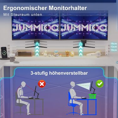 Ігровий кутовий стіл JUMMICO L-подібний, 170x95см, з LED-підсвіткою, регульованою підставкою для монітора, 3 шухлядами, 2 розетками та 2 USB, сталь та дерево, білий