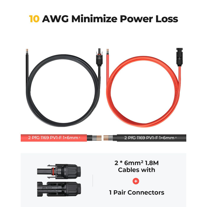 Сонячний кабель BougeRV 6 мм 6 м з фотоелектричною вилкою З'єднувальний кабель IP67 Фотоелектричний сонячний кабель Сонячна вилка 10AWG Сонячна панель Фотоелектричний кабель 6 мм2 6 метрів червоний чорний 1 пара балконна електростанція