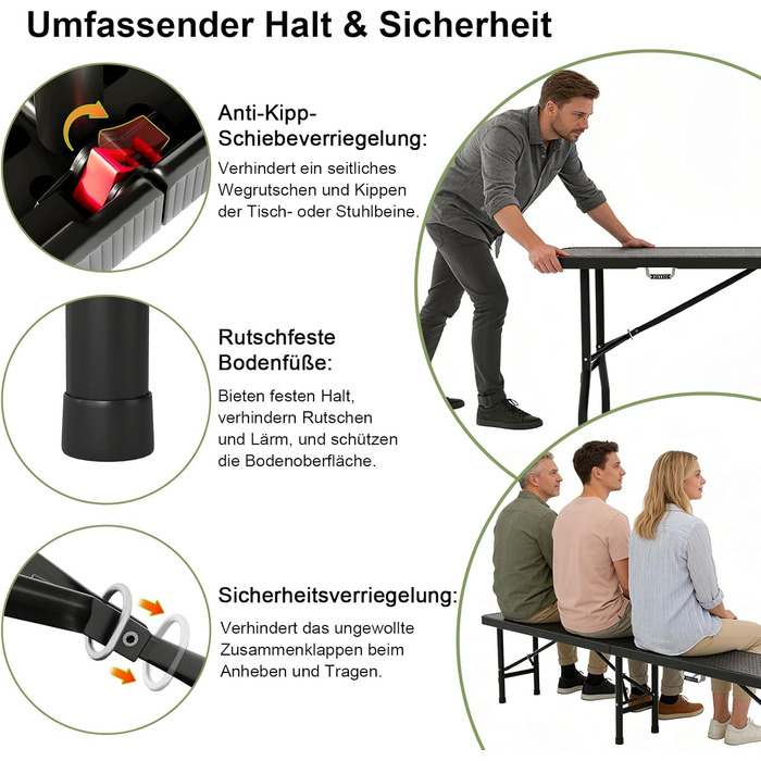 Набір для пивного саду, 3 предмети, 1 пивний стіл 2 пивні лавки, складаний набір для пивного саду з ручками для перенесення, комплект пивних столів 180 см з ротанговим ефектом, водонепроникний, чорний. 1 пивний стіл 2 пивні лавки, чорний.