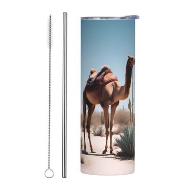 Кухоль з прямою трубочкою, 590 мл, пустельний мотив, милий верблюд, принт, дорожній кухоль, підходить для кемпінгу, офісу та дому