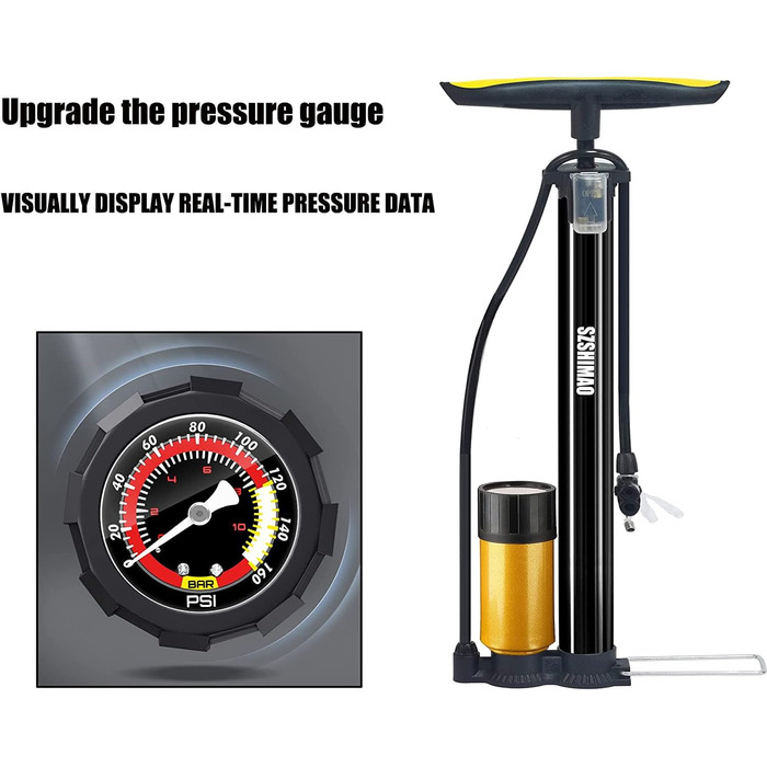 Велосипедний насос високого тиску SZSHIMAO, 160 PSI з клапанами Presta та Schrader, велосипедний повітряний насос з голкою для м&39ячового насоса для велосипедів та баскетбольних м&39ячів, з лічильником Gold