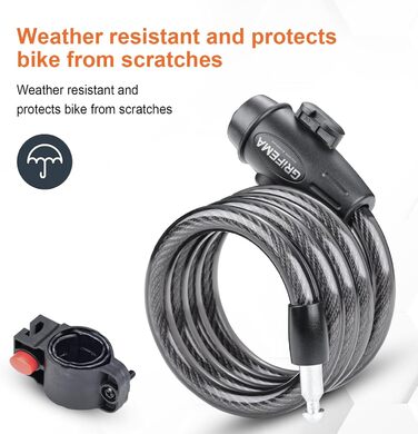 Замок велосипедний GRIFEMA з 2 ключами 120см/12мм, дитячий велосипедний замок, високий рівень безпеки, протиугінний трос для велосипеда з тримачем, аксесуари для велосипеда, чорний замок зі ключами