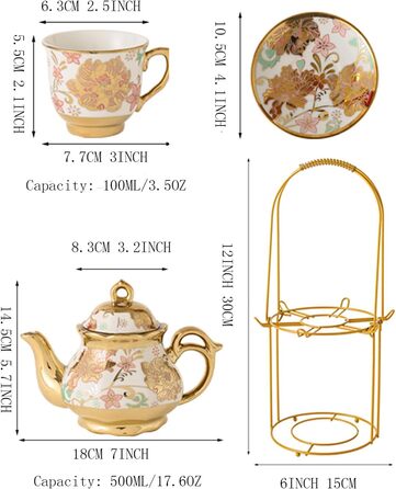 Позолочений керамічний чайний набір із червоної троянди, вінтажний чайний набір із чайником, гарний чайний набір на 6 осіб (рожевий, середній) середньо-рожевий