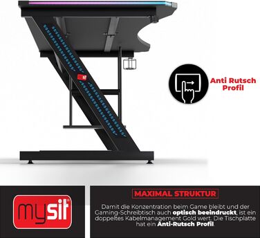 Ігровий стіл MY SIT Gizmo зі світлодіодним підсвічуванням, що змінює колір - Тримач для навушників, тримач для ПК та підсклянник - Потужне керування кабелями - Ігровий стіл/комп&39ютерний стіл чорного кольору