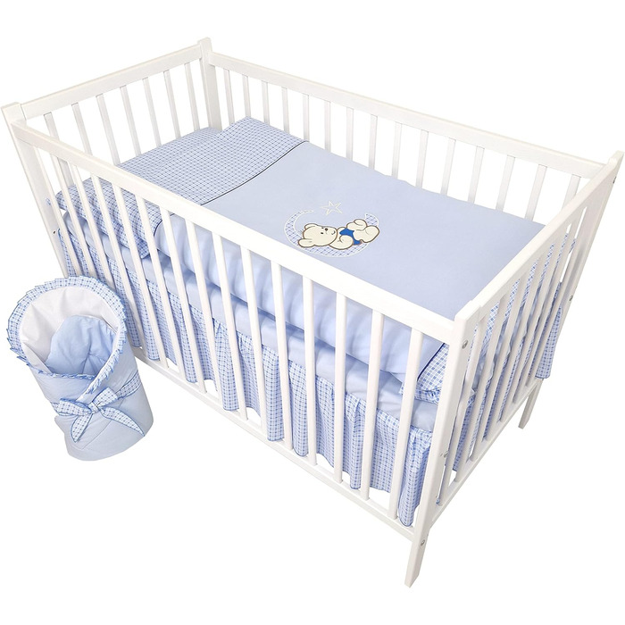 Предметний комплект дитячого ліжечка/ліжечка та постільної білизни Happy Leo, включаючи матрац, регульована висота для новонароджених, немовлят та малюків, виготовлений з масиву дерева, вишитий (Teddy Bear Moon Blue), 13-
