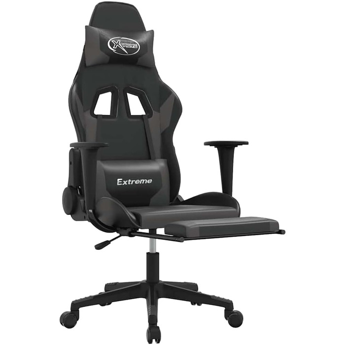 Геймерське крісло з функцією масажу та підставкою для ніг чорно-сірого кольору, виготовлене з міцної синтетичної шкіри, регульованою спинкою, висотою та поворотом на 360 градусів для ергономічного відпочинку, 37 x 41,5 см (Ш x Г), чорно-сірий колір