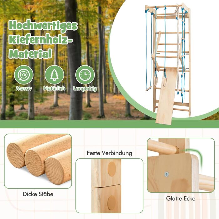 Скалодром COSTWAY, для дітей та дорослих, дерев&39яна гімнастична стінка, лазілка для приміщень, вкл. турнік/кільця/трапецію/мотузкові сходи/канат, вантажопідйомність до 100 кг, 220 x 80 x 60 см