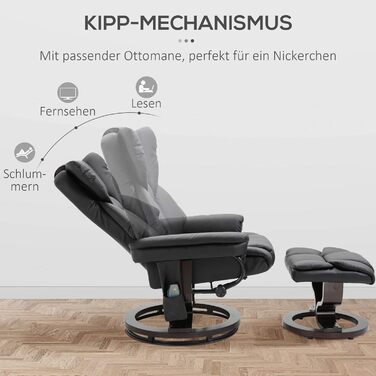Крісло-реклайнер HOMCOM з підніжкою, поворотне на 360 крісло для телевізора з масажем, функція відкидання, масажне крісло з бічною кишенею, відкидне крісло, штучна шкіра для вітальні, чорний