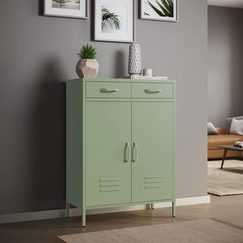 Металевий комод skølm Atria Сервант м&39ятно-зеленого кольору Металева шафа з 2 полицями та 2 шухлядами Багатоцільова шафа Промислова висока комод Шафа для зберігання/Шафа для коридору Гнучкі полиці, м&39ятно-зелений з шухлядами