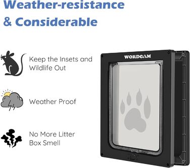 Котячі дверцята Wordcam XL, міцні котячі дверцята для внутрішніх та зовнішніх дверей, 4-стороннє замикання, дверцята для котів, кошенят, собак вагою до 11,3 кг, легке встановлення, водонепроникні (чорні)