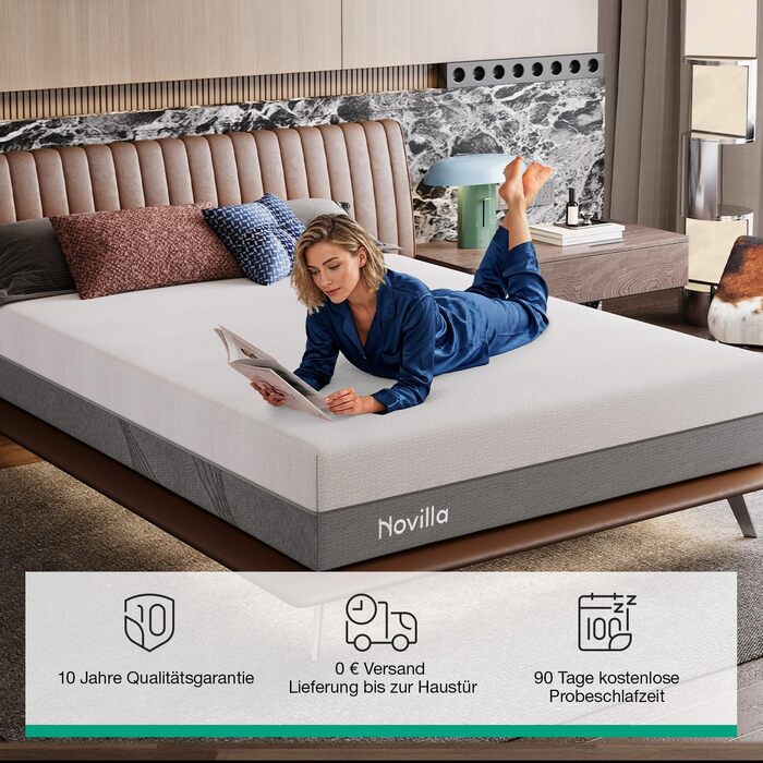 Матрац Novilla DualComfort 90x200 см, 9-зонний матрац з холодної піни з гелем та зеленим чаєм, висота 25 см, двосторонній матрац H3 та H4, сертифікований Oeko-Tex, повітропроникний та пральний чохол, висота 25 см, 90 x 200 см