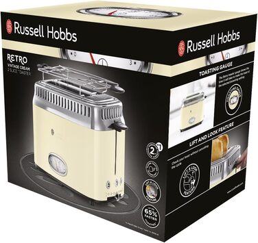 Тостер Russell Hobbs на 2 скибочки ретро з нержавіючої сталі кремовий (дисплей зворотного відліку в ретро-дизайні, в т.ч. решітка