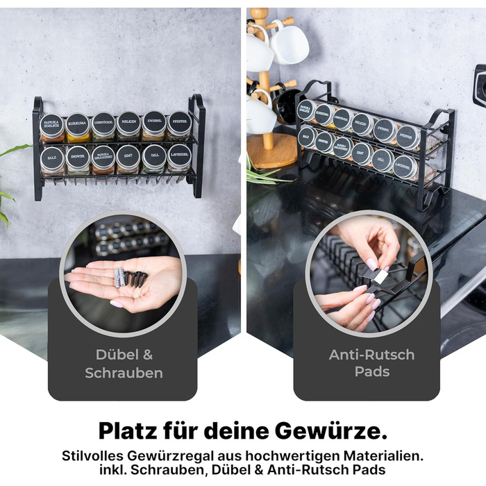 Підставка для спецій Deco haus, настінна та настінна З БАНКАМИ ДЛЯ СПЕЦІЙ ТА ЕТИКЕТКАМИ - Органайзер для спецій - Підставка для спецій, Підвісна система зберігання спецій, Банки для спецій з полицею, Чорний - Набір з 12 предметів