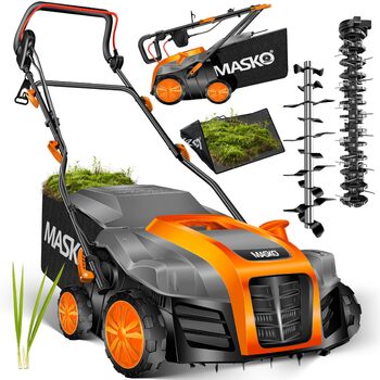 В-1 Аератор-Вертикуттер 1800 Вт, ширина захвату 40 см, мішок для збору 55 л, з валом-аератором, видаляє мох, 20 сталевих ножів, 5 рівнів регулювання глибини, регульована по висоті ручка, помаранчевий, 2-