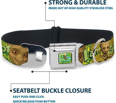 Нашийник для собак Buckle-Down DC-SB-MCJP-WMC185-1.0-S, з застібкою типу безопасний ремінь, дизайн Малюк Грут - Я Грут, коричневий, зелений, жовтий, ширина 22,9 - 38,5 см, багатокольоровий