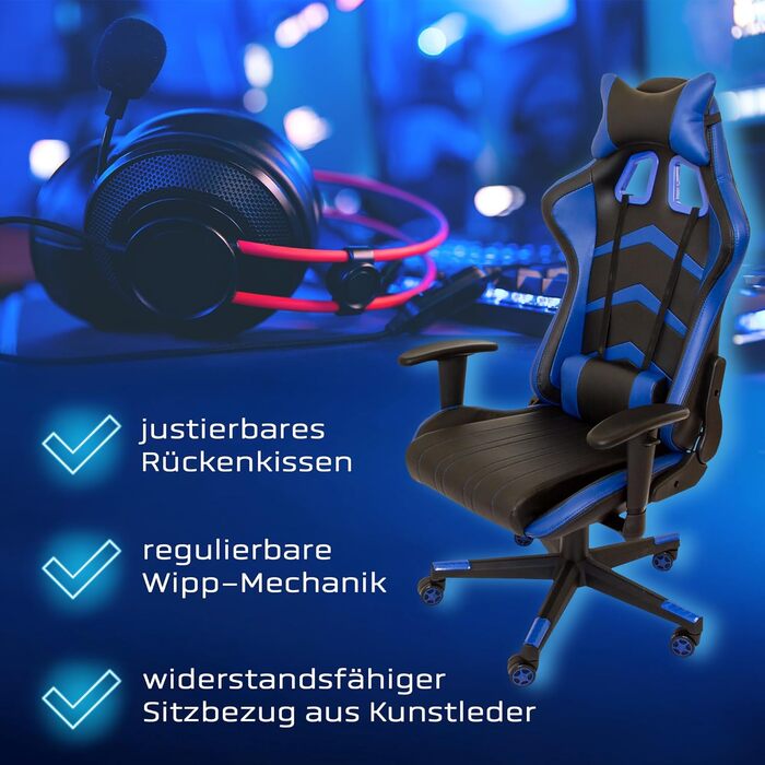Ігрове крісло NATIV з механізмом гойдання Офісне крісло з регульованою висотою Обертове робоче крісло Підлокітники з регульованою висотою Чорний/Синій До 150 кг Штучна шкіра Захист від гніву 16 кг, чорний/синій