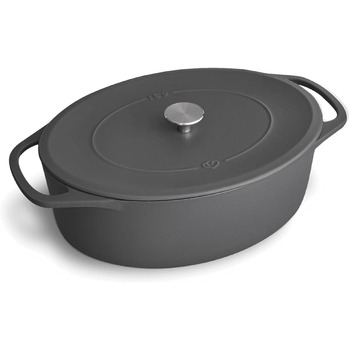 Кокотниця з кришкою, сіра, овальна, 33 см, 6,5 л, чавунна жаровня, індукційна каструля. 33 см сіра