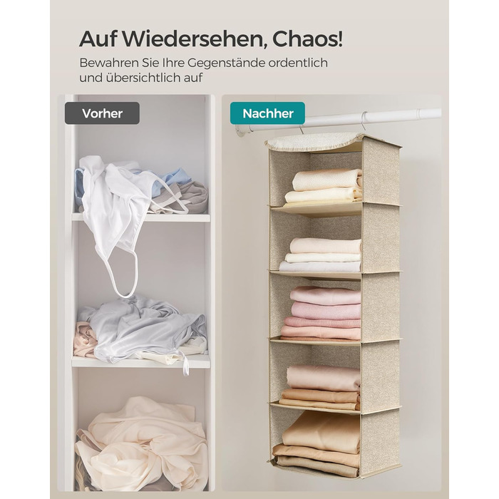 Підвісний органайзер SONGMICS, набір з 2 шт. , органайзер для шафи, підвісна полиця, підвісне місце для зберігання, складаний та компактний, металеві гачки та бамбукові вставки, текстура, що нагадує лляну тканину, пісочно-бежевий RCH005Y02 Пісочно-бежевий