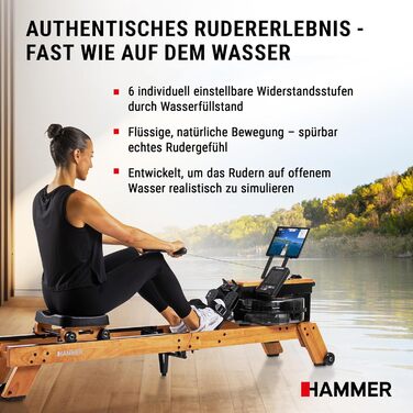 Водний гребний тренажер HAMMER AquaFold - складний гребний тренажер для домашнього використання, виготовлений з натурального дерева з колесами, гребний тренажер з Bluetooth, тренувальний комп&39ютер