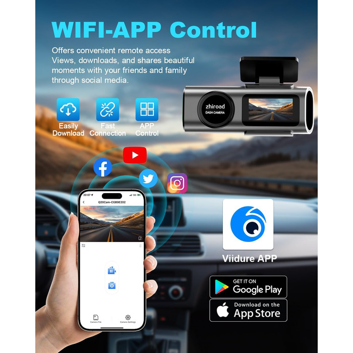 Відеореєстратор, 170 надширококутний автомобільний відеореєстратор спереду, управління додатком з SD-картою 64G і знімним кріпленн