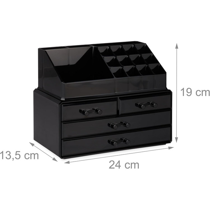 Органайзер для макіяжу маленький, акриловий для зберігання косметики з 2 частин, з тримачем для губної помади та 4 шухлядами, чорний, 1 шт.