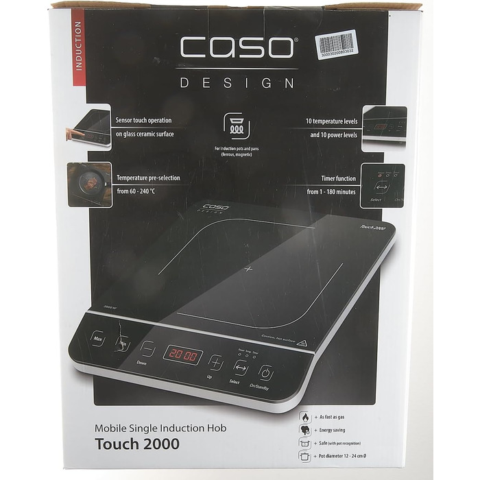 Одна індукційна варильна поверхня, 2000 Вт, автоматичне визначення горщика, 10 рівнів температури, 10 рівнів потужності, таймер до 180 хв, склокерамічна поверхня, температура приблизно 60 240 C Одинарна індукція Чорний, Сріблястий, 2000 -