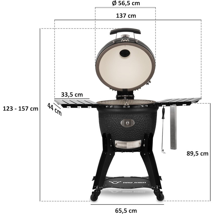 Вугільний гриль 'Yoru Ø 56 см з бічними поличками, термометром матовий чорний бульбашкова глазур керамічний гриль на колесах, кера